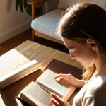 A woman peacefully reading a physical book in a sunlit, cozy living room, with a smartphone visibly placed face down on a nearby table. The atmosphere is calm and tranquil, emphasizing conscious disconnection from digital distractions. Soft, natural light.