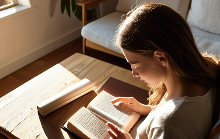 A woman peacefully reading a physical book in a sunlit, cozy living room, with a smartphone visibly placed face down on a nearby table. The atmosphere is calm and tranquil, emphasizing conscious disconnection from digital distractions. Soft, natural light.
