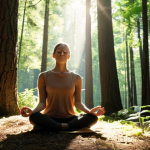 A person sitting peacefully in a forest, practicing mindfulness by focusing on their breath, sunlight filtering through the trees. *Keywords: mindfulness, forest, meditation, peaceful, nature, sunlight*
