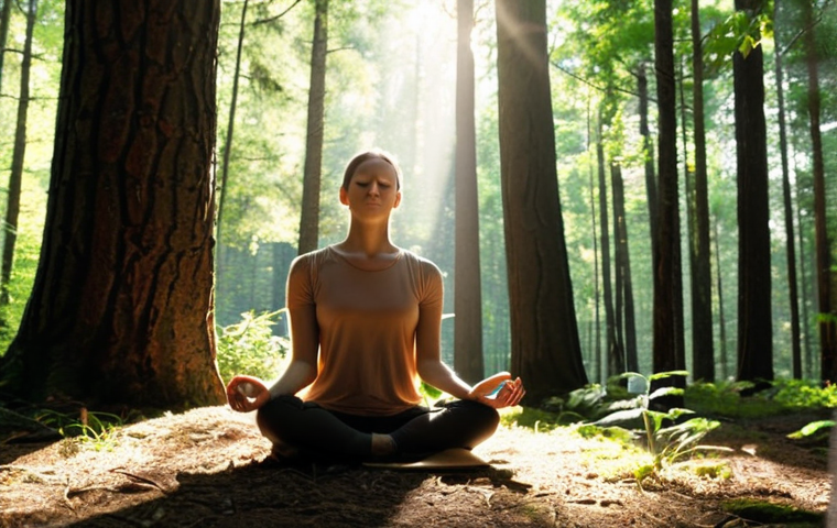 A person sitting peacefully in a forest, practicing mindfulness by focusing on their breath, sunlight filtering through the trees. *Keywords: mindfulness, forest, meditation, peaceful, nature, sunlight*