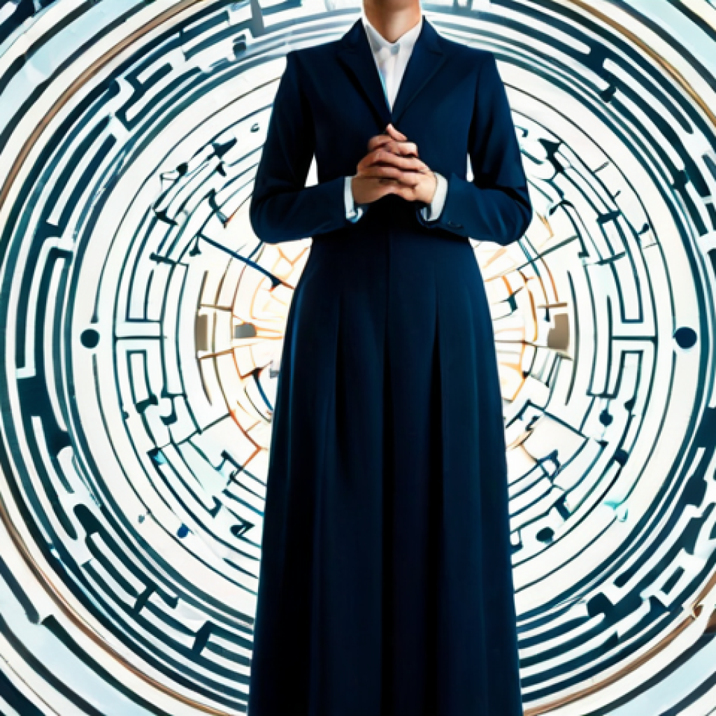 A professional individual, fully clothed in modest business attire, standing thoughtfully amidst a soft, glowing labyrinth of abstract, flowing data streams and subtle digital patterns. The individual holds a simple, antique compass, subtly illuminated, symbolizing inner guidance. The background transitions from blurred, chaotic information to a clear, serene space where the person stands. The atmosphere is contemplative and hopeful, emphasizing clarity amidst complexity. Natural pose, perfect anatomy, correct proportions, well-formed hands, proper finger count, natural body proportions, professional photography, high quality, safe for work, appropriate content, fully clothed, professional.