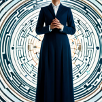 A professional individual, fully clothed in modest business attire, standing thoughtfully amidst a soft, glowing labyrinth of abstract, flowing data streams and subtle digital patterns. The individual holds a simple, antique compass, subtly illuminated, symbolizing inner guidance. The background transitions from blurred, chaotic information to a clear, serene space where the person stands. The atmosphere is contemplative and hopeful, emphasizing clarity amidst complexity. Natural pose, perfect anatomy, correct proportions, well-formed hands, proper finger count, natural body proportions, professional photography, high quality, safe for work, appropriate content, fully clothed, professional.