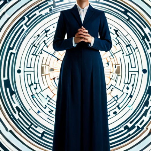 A professional individual, fully clothed in modest business attire, standing thoughtfully amidst a soft, glowing labyrinth of abstract, flowing data streams and subtle digital patterns. The individual holds a simple, antique compass, subtly illuminated, symbolizing inner guidance. The background transitions from blurred, chaotic information to a clear, serene space where the person stands. The atmosphere is contemplative and hopeful, emphasizing clarity amidst complexity. Natural pose, perfect anatomy, correct proportions, well-formed hands, proper finger count, natural body proportions, professional photography, high quality, safe for work, appropriate content, fully clothed, professional.