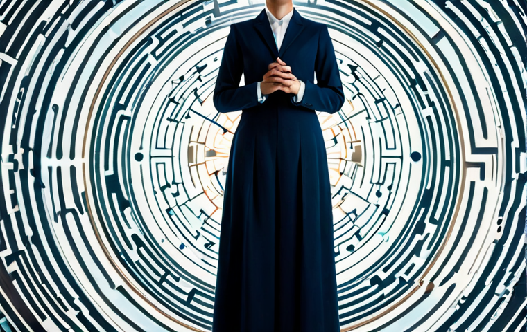 A professional individual, fully clothed in modest business attire, standing thoughtfully amidst a soft, glowing labyrinth of abstract, flowing data streams and subtle digital patterns. The individual holds a simple, antique compass, subtly illuminated, symbolizing inner guidance. The background transitions from blurred, chaotic information to a clear, serene space where the person stands. The atmosphere is contemplative and hopeful, emphasizing clarity amidst complexity. Natural pose, perfect anatomy, correct proportions, well-formed hands, proper finger count, natural body proportions, professional photography, high quality, safe for work, appropriate content, fully clothed, professional.