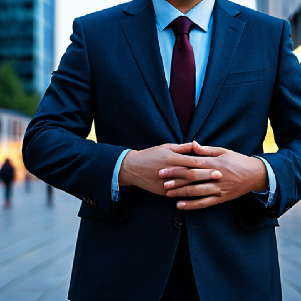 A professional individual in a modest, contemporary business suit, standing with a composed expression in a blurred, bustling modern city square at dusk. The soft, ambient light of the city's movement subtly surrounds them, symbolizing internal calm amidst external digital and urban noise. The focus is on their serene demeanor and balanced posture, conveying a sense of inner peace and resilience. Perfect anatomy, correct proportions, natural pose, well-formed hands, proper finger count, natural body proportions. Fully clothed, appropriate attire, modest clothing, professional dress, safe for work, appropriate content, family-friendly, high-quality, professional photography.