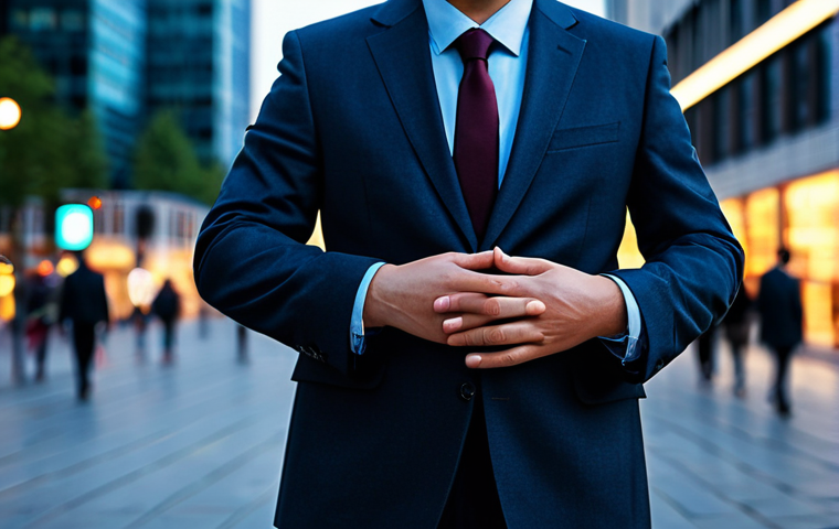 A professional individual in a modest, contemporary business suit, standing with a composed expression in a blurred, bustling modern city square at dusk. The soft, ambient light of the city's movement subtly surrounds them, symbolizing internal calm amidst external digital and urban noise. The focus is on their serene demeanor and balanced posture, conveying a sense of inner peace and resilience. Perfect anatomy, correct proportions, natural pose, well-formed hands, proper finger count, natural body proportions. Fully clothed, appropriate attire, modest clothing, professional dress, safe for work, appropriate content, family-friendly, high-quality, professional photography.