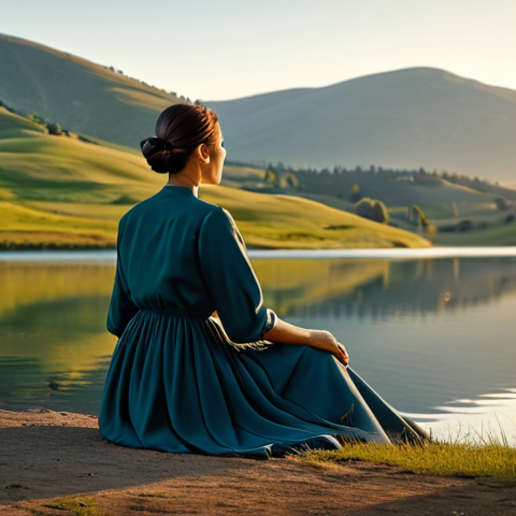 진정성 탐색 과정에서의 성찰적 질문 - **Serene Reflection:** A professional woman in a modest, flowing dress, sitting peacefully by a calm...