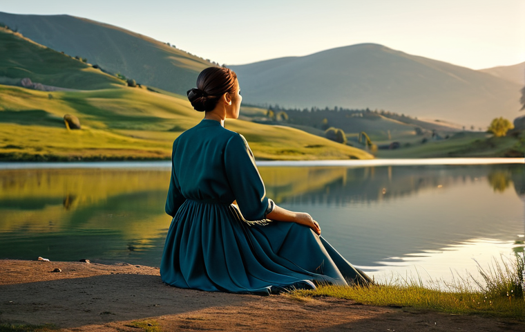 진정성 탐색 과정에서의 성찰적 질문 - **Serene Reflection:** A professional woman in a modest, flowing dress, sitting peacefully by a calm...