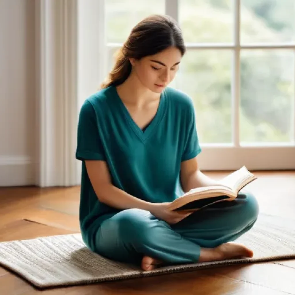 진정성을 위한 긍정적 사고 방식 - A woman in her late 20s, dressed in comfortable, modest loungewear, sits cross-legged on a soft, lig...