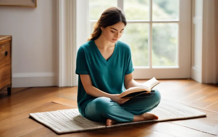 진정성을 위한 긍정적 사고 방식 - A woman in her late 20s, dressed in comfortable, modest loungewear, sits cross-legged on a soft, lig...