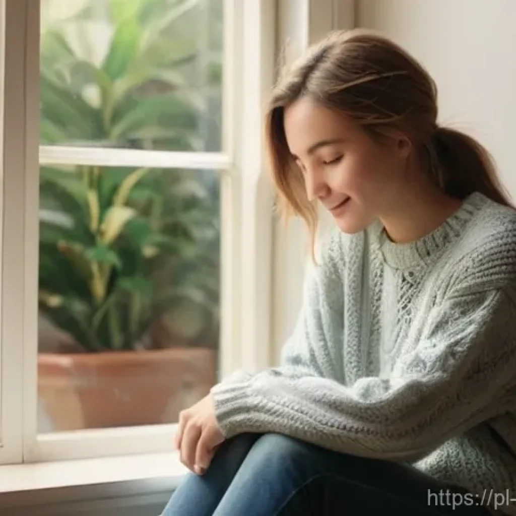 자기 비판과 진정성의 관계 탐구 - **Prompt:** "A serene portrait of a young adult (mid-20s, gender-neutral), dressed in a soft, comfor...