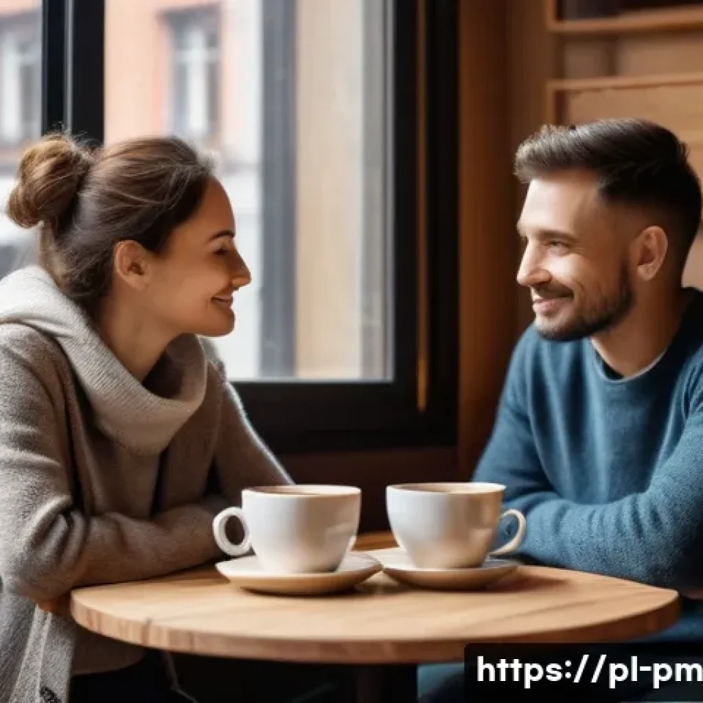 진정성 발견을 위한 진솔한 대화 기술 - A warm, intimate scene of two diverse adults engaged in deep conversation in a cozy, modern Polish c...