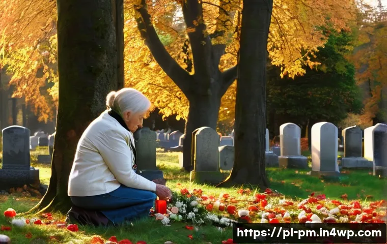 상실과 진정성의 관계 이해하기 - A serene Polish cemetery scene during late autumn, with soft golden sunlight filtering through bare ...