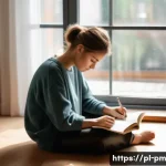 진정성을 찾기 위한 상상력 활용법 - A serene morning scene in a cozy Polish apartment, featuring a thoughtful young adult sitting cross-...