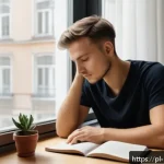 진정성을 찾는 여정에서의 가치 재발견 - A serene and cozy indoor scene of a young Polish adult sitting by a window in a modern Warsaw apartm...