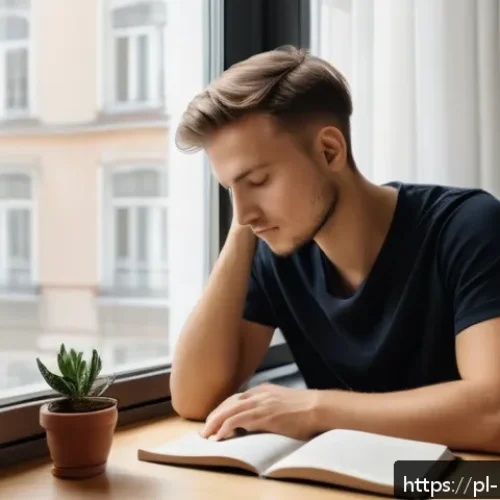 진정성을 찾는 여정에서의 가치 재발견 - A serene and cozy indoor scene of a young Polish adult sitting by a window in a modern Warsaw apartm...