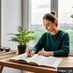 진정성을 발견하기 위한 맞춤형 계획 세우기 - A serene, cozy home office scene in a modern Polish apartment, with a young adult writing in a journ...