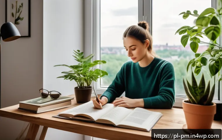진정성을 발견하기 위한 맞춤형 계획 세우기 - A serene, cozy home office scene in a modern Polish apartment, with a young adult writing in a journ...