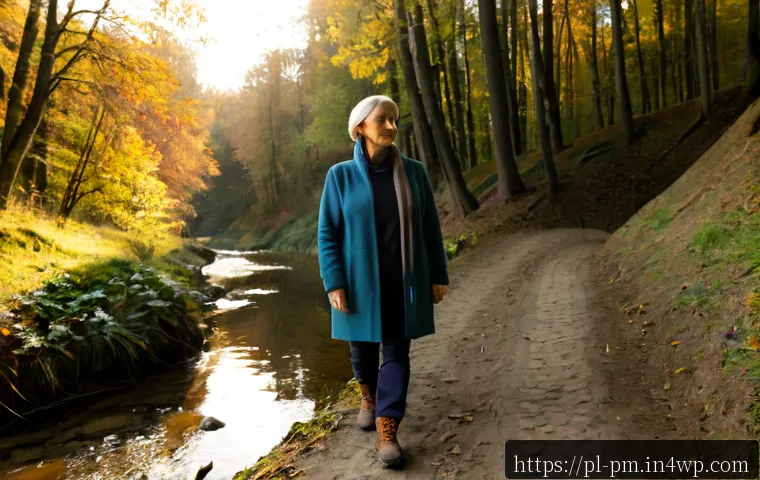 Home 17 진정성 발견 여정의 치유적인 힘 - Photorealistic middle-aged Polish woman on a quiet solo walk through a sunlit autumn forest near Kra...